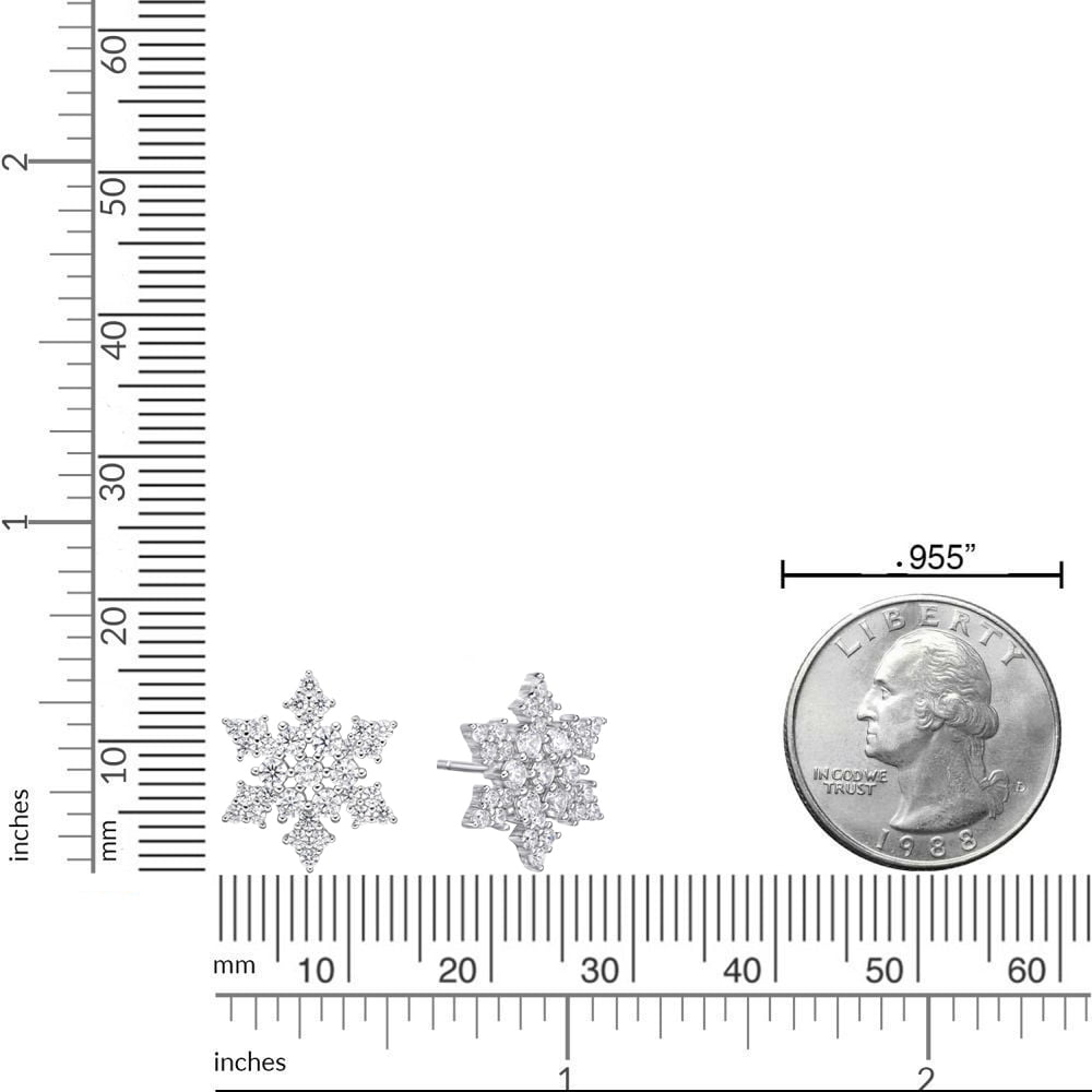 925 Sterling Silver Cubic Zirconia Snowflake Stud Earrings Post with Friction Back 13 mm