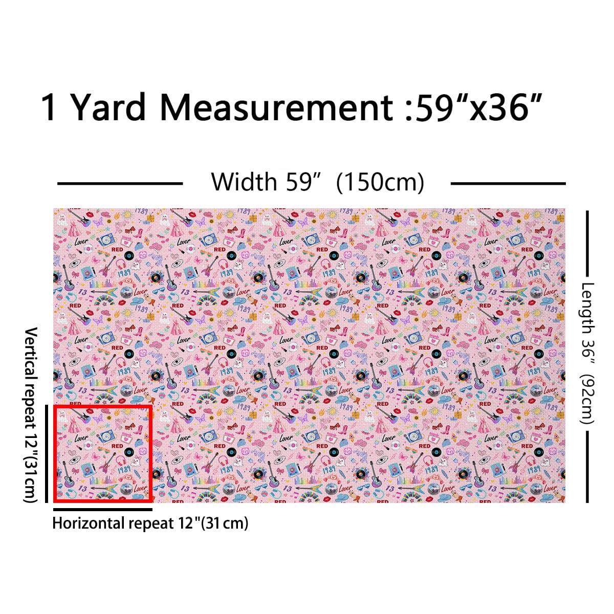 Manfei Pop Music Theme Sewing & Crafting Fabric (10 Yards), Girls Pink Guitar Home Decor Fabric by the Yard, Disco Ball Musical Notes DIY Fabric