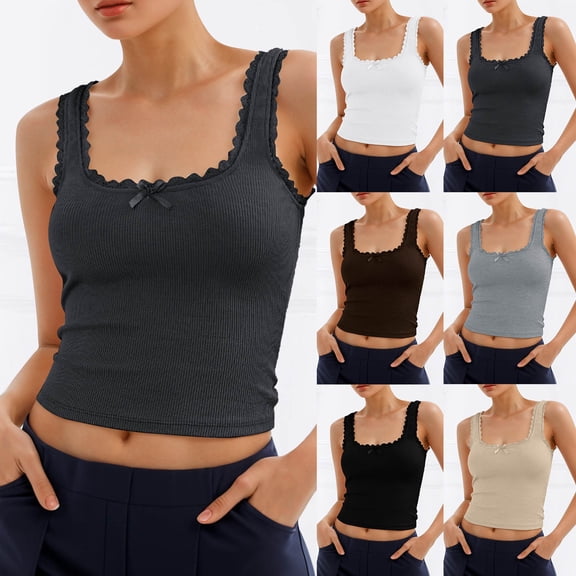 MuXiKeJi Clothes Lace Tank Tops for Women Square Neck Sleeveless Summer Y2k Sexy Slim Tops Girls Cropped Casual Basic Undershirts