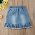 thumbnail image 6 of Kids Toddler Girl Denim Mini Skirts Elastic Waist Button Ruffles Jeans Skirt A Line Short Pleated Skirt with Pockets, 6 of 7