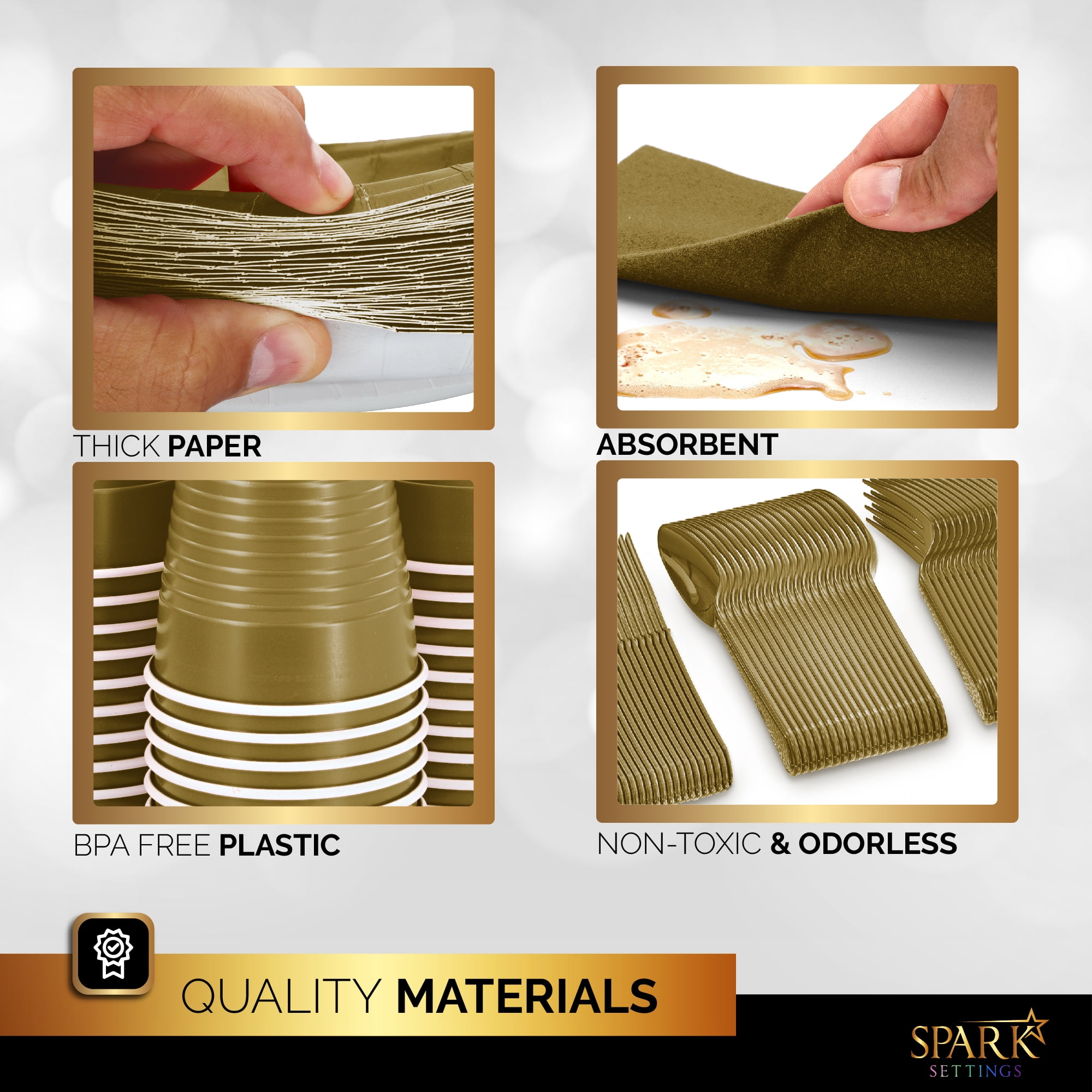Gold Party Supplies Set Paper Plates Plastic Cups Forks Knives Spoons Napkins Tablecloth Serves 20 Guests Disposable Dinnerware Set of 222 Pieces, Complete Tableware for Party - By SparkSettings