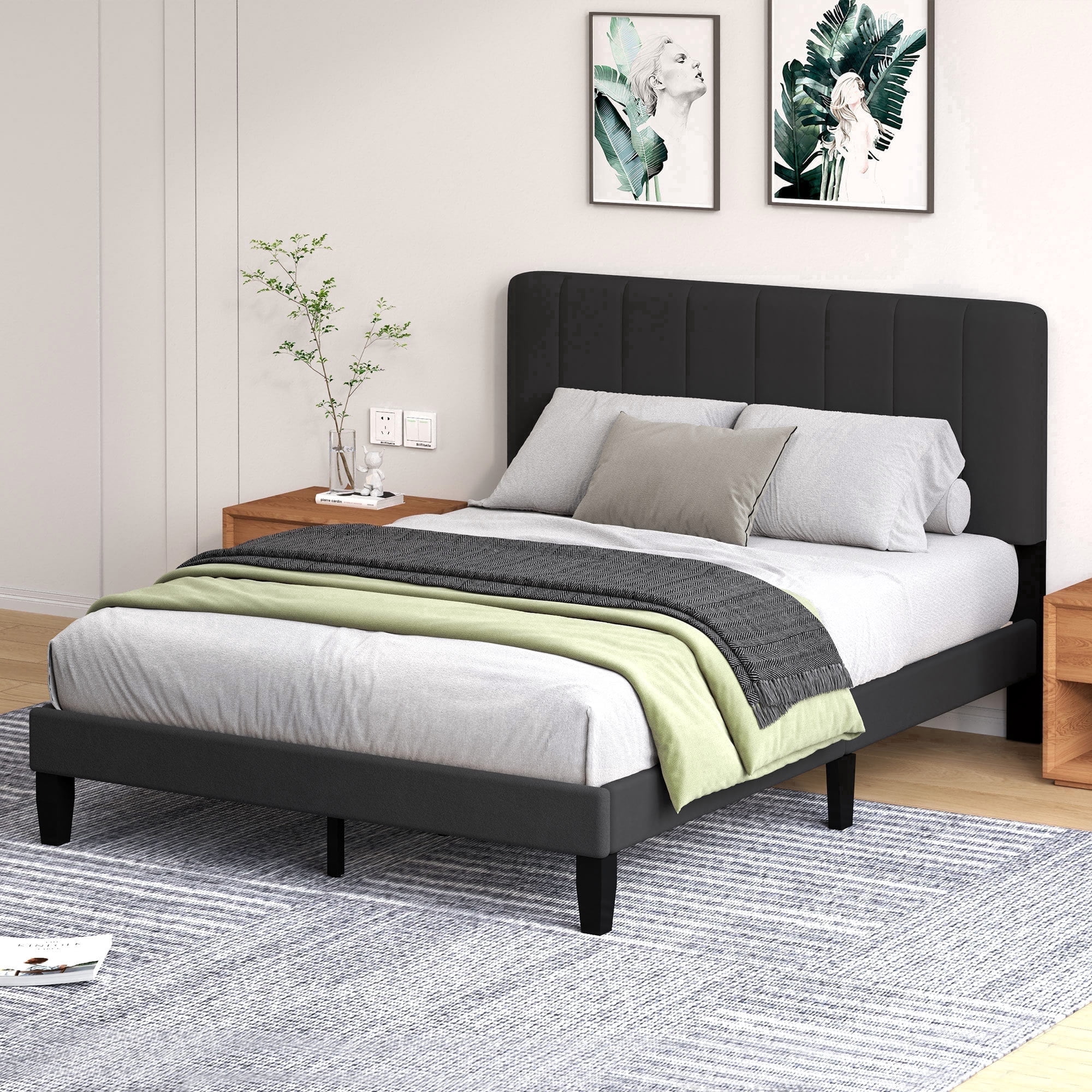 Pingliang Home Queen Size Bed Frame with Adjustable Upholstered Headboard&Wood Slats Support,Black