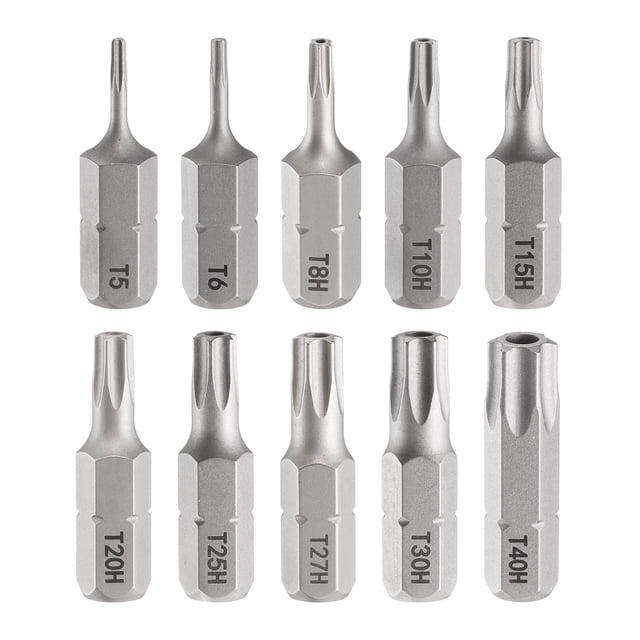 Uxcell 10pcs T5-T40H Punta de destornillador Torx 1/4" Hex Shank 25mm/1" Longitud Magnética Estrella de 6 Puntos Punta Hexagonal de Acero S2