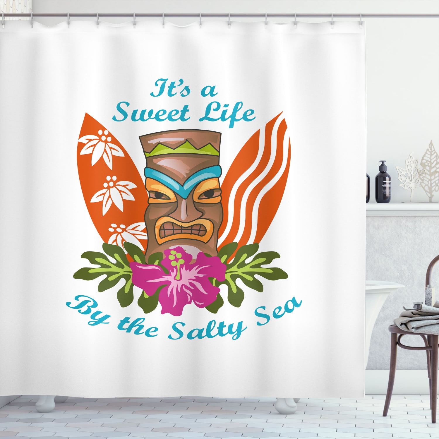 Ambesonne Tiki Bar Shower Curtain, Words Hibiscus, 69"Wx70"L