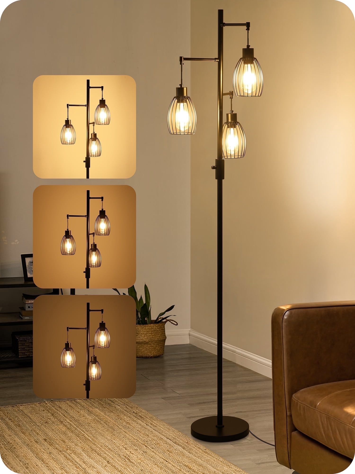 Vesteel Standing Lamp, Farmhouse Lamp with 3 Teardrop Cage and Bulbs, Industrial Dimmable Floor Lamp for Living Room Bedroom Office Dining Room