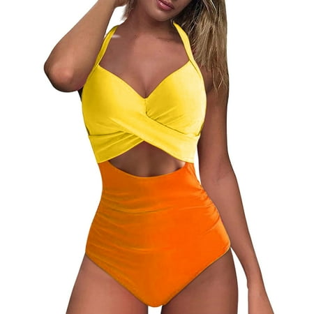 Xiangyun Tummy Control Swimsuits for Women Bathing Suit for Women One Piece Swimsuit Women Ladies  Cut Out Backless Tight Strap Bikini Swimsuit One Piece Thong Swimsuit Women Yellow XL