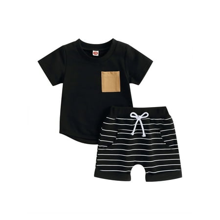 

aturustex 2Pcs Toddler Boy Clothes Set 0M 6M 12M 18M 24M 3T 4T Summer Short Sleeve Crew T Shirt Tops with Striped Shorts Infant Boy Casual Outfits