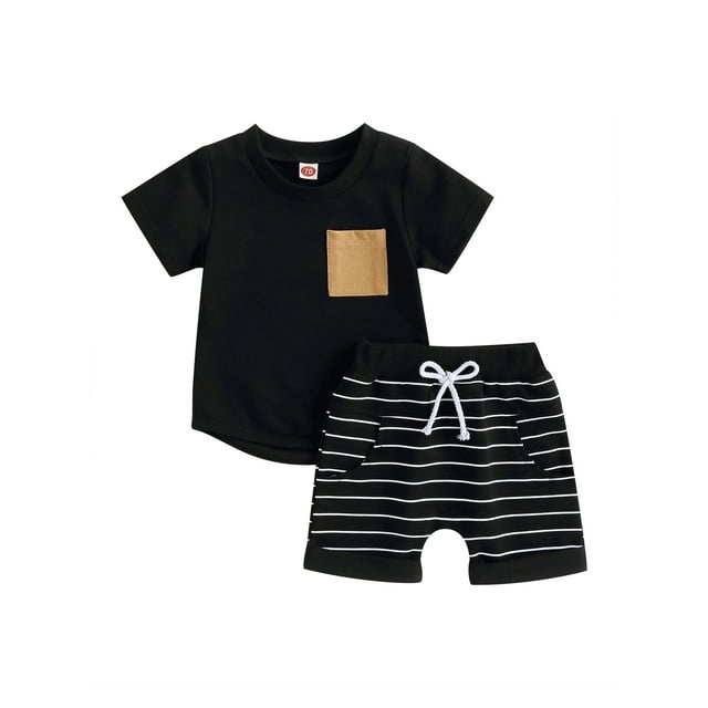 Gupgi Toddler Boy 2Pcs Clothes Set Short Sleeve Solid Color T-Shirts with Stripe Print Shorts