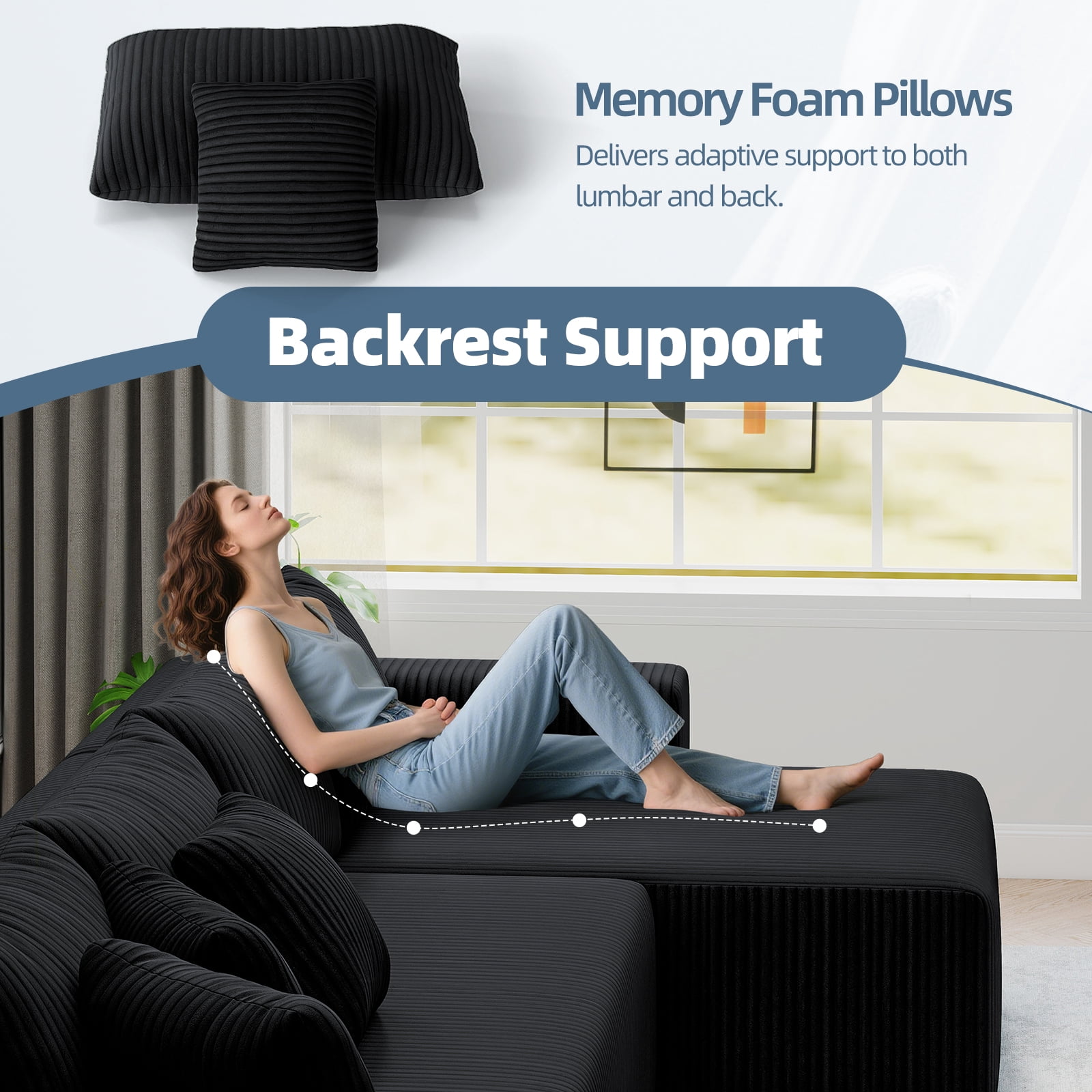 132''Modular Boneless Couches for Living Room, Corduroy Deep Seat Sofa with 2 Chaise Lounges and 1 Loveseat