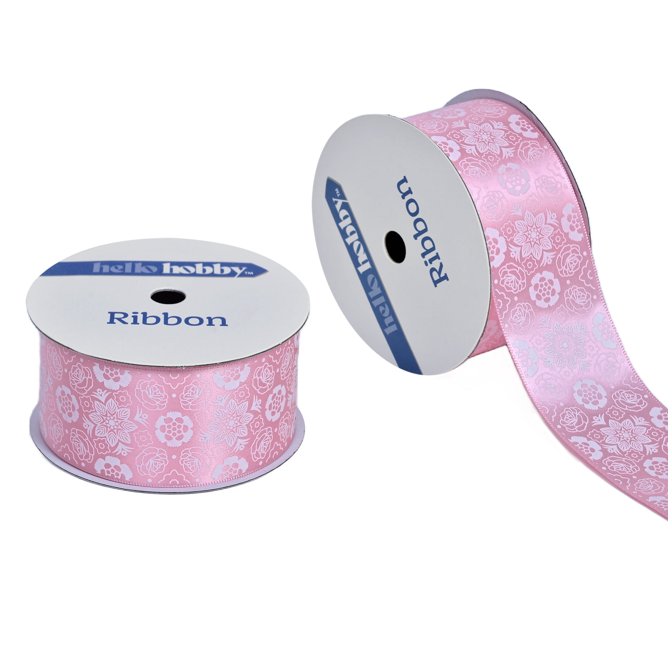 Hello Hobby 1.5" White Florals on Pink Satin Ribbon, 3 Yards