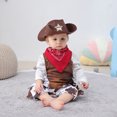thumbnail image 4 of ZQUUVOU Newborn Baby Playsuits Western Cowboy Dress Up Suit Suspenders Jumpsuit Red Scarf Hat Set Infant Toddler Photo Props Outfit Brown, 4 of 6