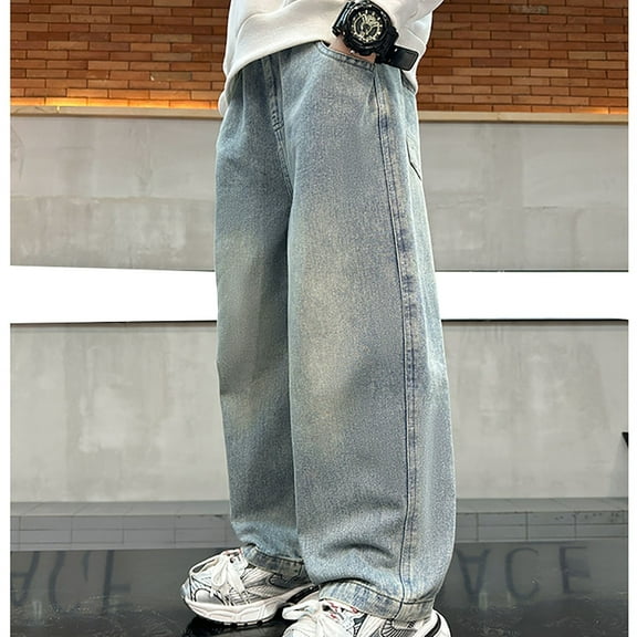 CPNG Boys Baggy Jeans Straight Wide Leg Cargo Jeans with Pockets Trendy Back to School Clothes Casual Elastic Waist Loose Fit Trousers Denim Pants Y2K Streetwear