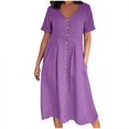 thumbnail image 1 of CHUANK Robe d'Été Décontractée pour Femmes en Coton et Lin, Robe Midi Boutonnée avec Poches, Col en V, Manches Courtes, Grande Taille (3X-Grand Bleu Pâle), 1 of 5