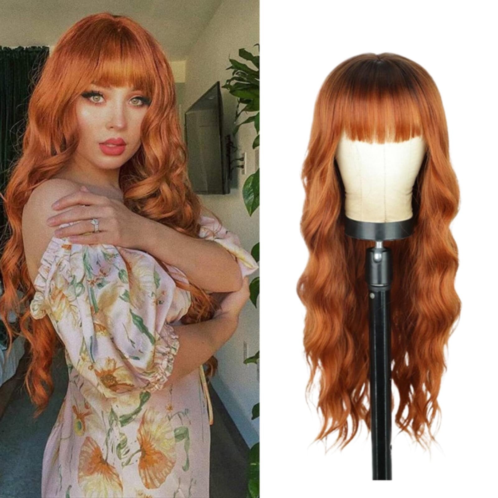 WEIWEIGG Gradient Coral Long Wavy Curly Wig with Bangs - 26 Inch, Dark Roots Wig for Women, Heat Resistant Synthetic Hair, Breathable, Lightweight, Natural Looking Adjustable Cap for Daily Wear