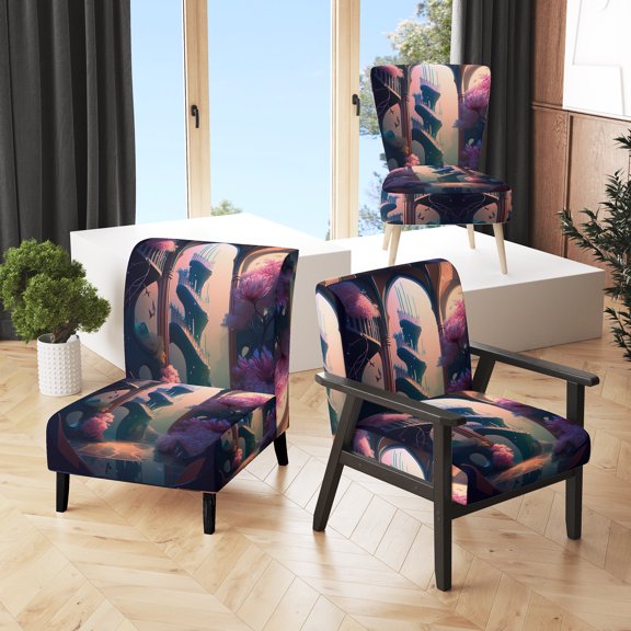Designart "Futurism Meets Flora III" White City Fantasy Upholstered Accent Chair - Traditional Arm Chair For Living Room