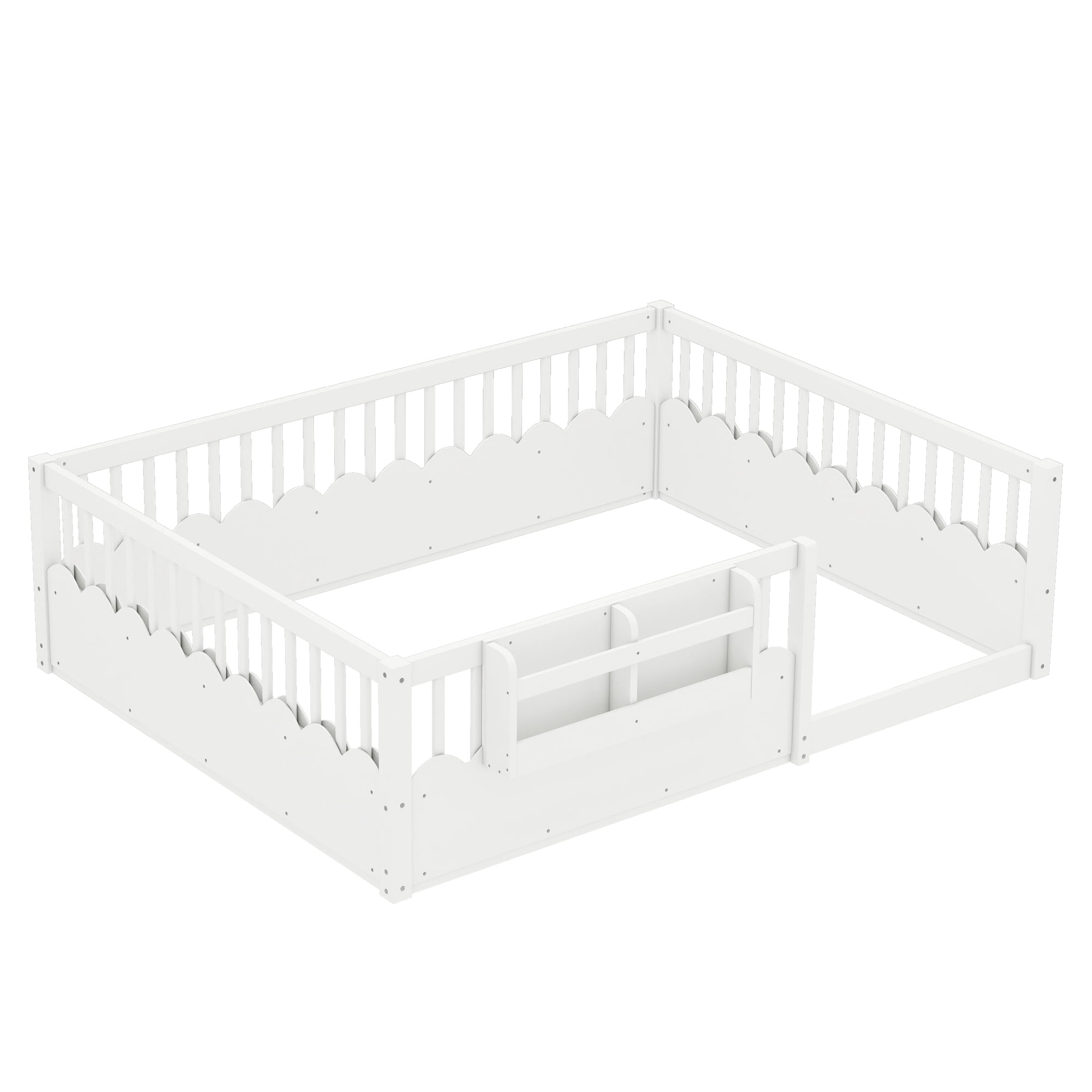 Mintazer Queen Montessori Floor Bed with Bookshelf & Heightened Fence, Kids Wood Floor Bed for Boys and Girls, White