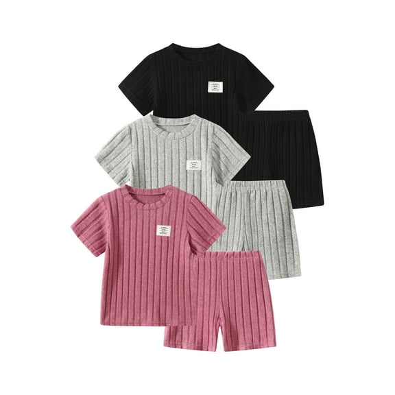 Fdqin Girls Summer Outfits 6 Pcs Tie-dye Heart Print Casual Short Sleeve Tee Tops and Dolphin Shorts Set Black Pink Grey 7-8 Years