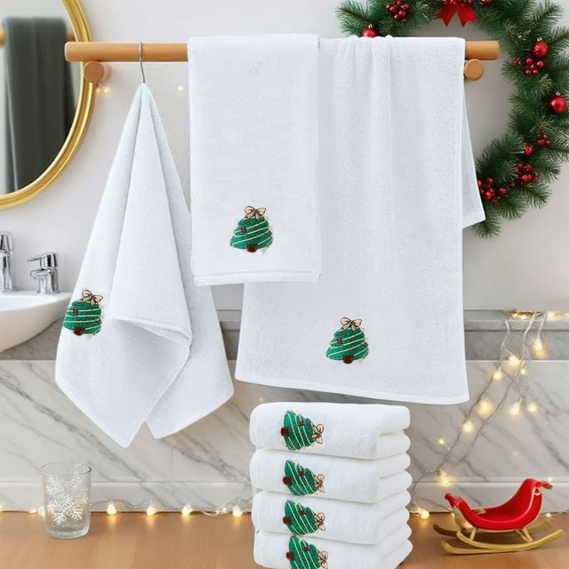 Linnome 4-Piece Christmas Themed Embroidered Towel Set, 2.56ft Soft Cotton Household Linens with Festive Holiday Designs