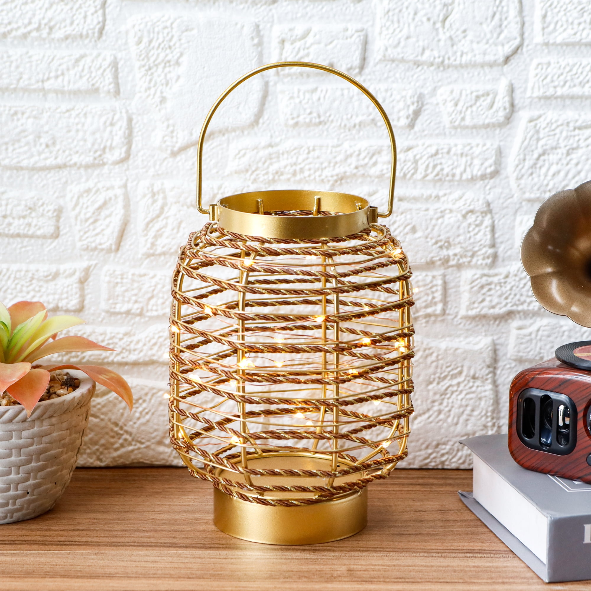 Battery Operated Table Lamp 7.7 "H Metal Cage LED Cordless Lamp with 6-Hour Timer, Vintage Decorative Fairy Lights Lantern for Indoor/Outdoor Bedrooms Weddings Parties Patio Events
