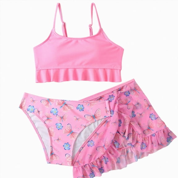 Ymyiu Girls Bikinis Girl's 3 Piece Floral Swimsuit Cute Bikini Set High Waisted Bathing Suit Sheer Mesh Cover Up Skirt 5T 6T (Pink,5-6 Years)