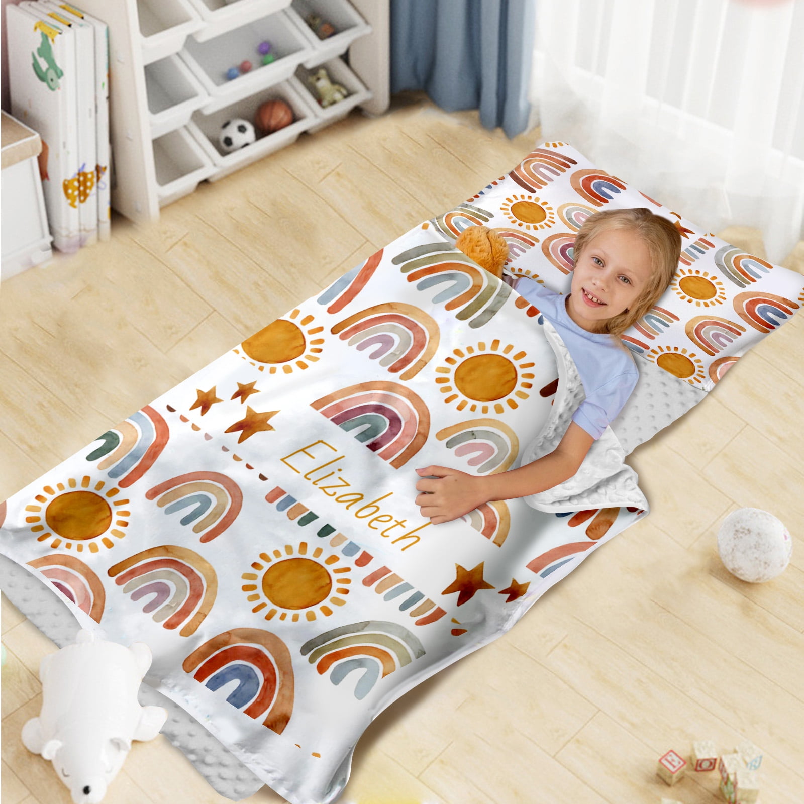 AOLOA Custom Toddler Nap Mat, Personalized Baby Name Sleeping Bag for Preschool Daycare Kinder, Sleeping Mat Bedding Set with Blanket Pillow, Orange Rainbow Portable Nap Sacks for Child Infant Girl