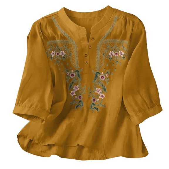 Guluxicc Floral Embroidered Cotton Linen Shirts for Women Summer 3/4 Sleeve Dressy Casual Loose Blouses Gauze Boho Tunic Tops