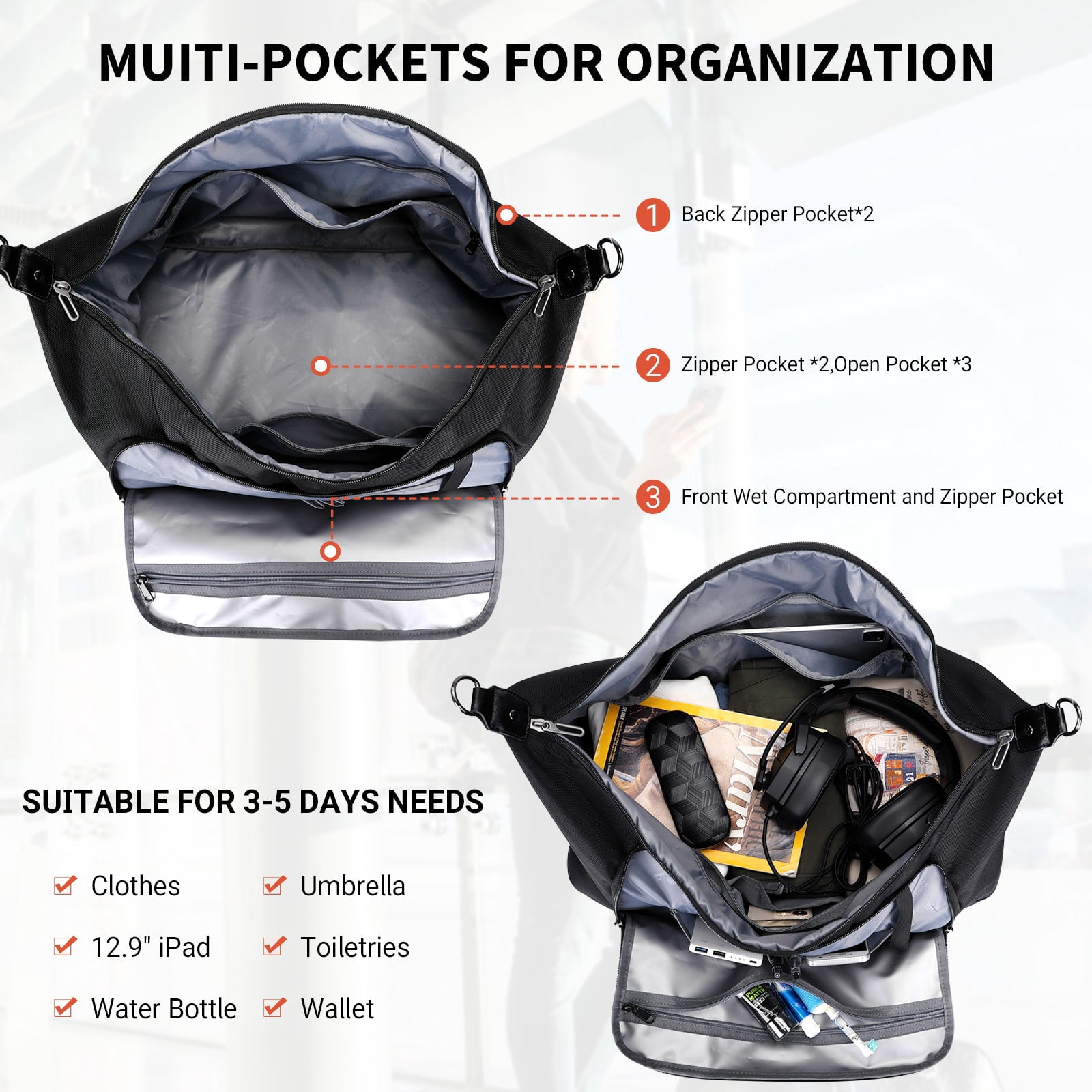 WITZMAN Travel Duffle Bags for Men Weekender Bags with Toiletry Bag Sets Carry on Overnight Bag 55L（B696 Black）