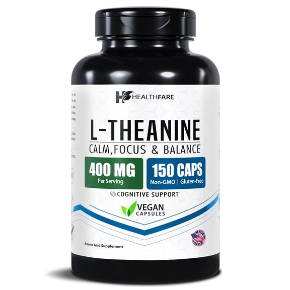 HealthFare L-Theanine 400mg | Stress Support | 150 Vegan Capsules | Non-GMO | Gluten-Free | Made in USA