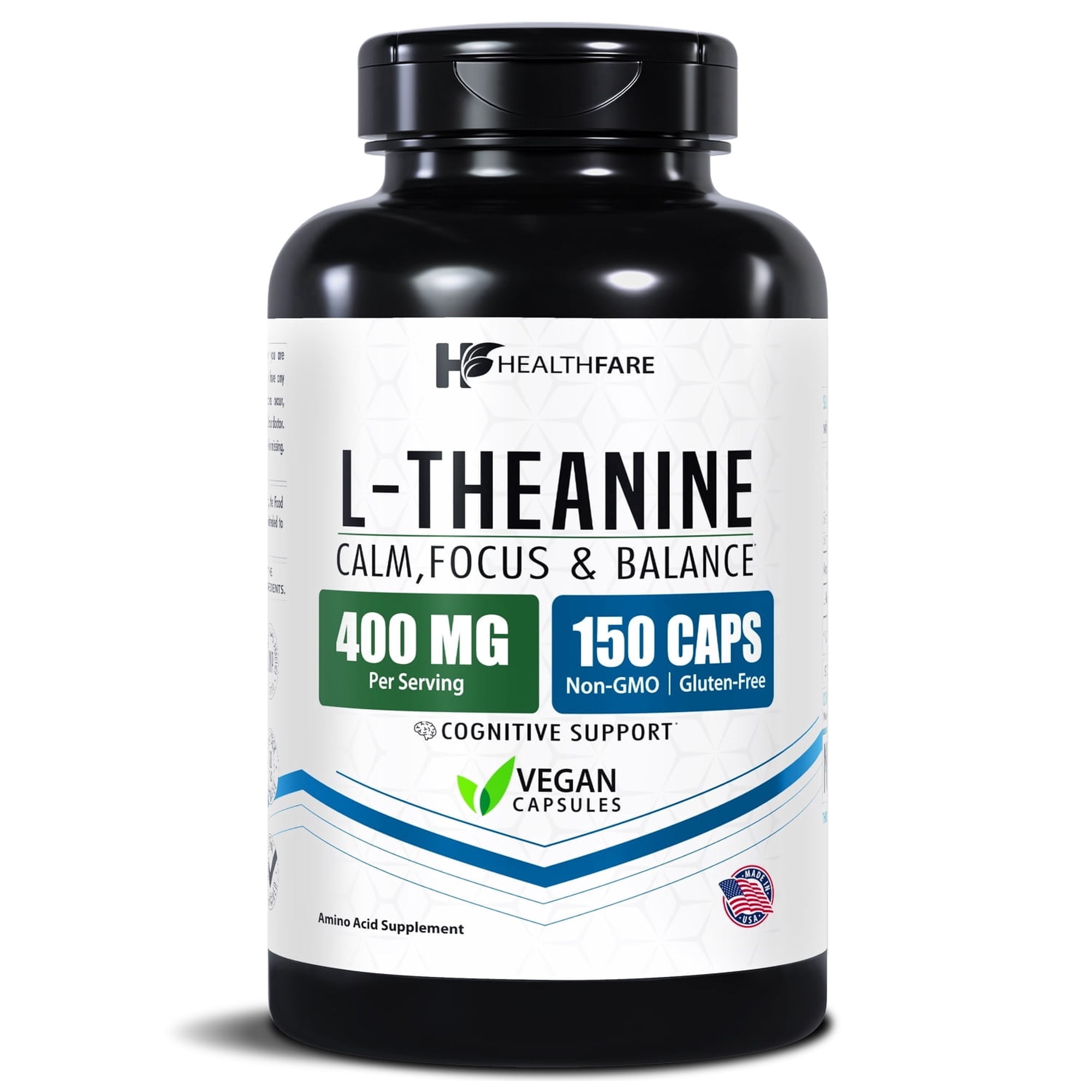 HealthFare L-Theanine 400mg | Stress Support | 150 Vegan Capsules | Non-GMO | Gluten-Free | Made in USA
