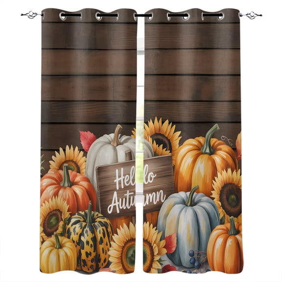 Hellow Fall Blackout Curtains for Bedroom Living Room, Pumpkins Sunflowers Wood Grain 45 In Long Thermal Insulated Room Darkening Drapes Grommet Window Treatments, 52 x 45 In