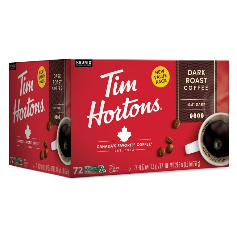 Tim Hortons Dark Roast K-Cup Coffee Pods for Keurig Brewers, Recyclable, 72  Ct 