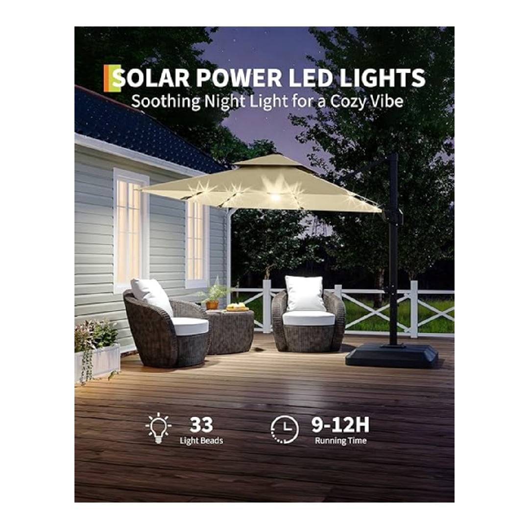 10' x 10' Heavy Duty Cantilever Patio Umbrella with LED Lights & Weighted Base, Square Aluminum Offset Umbrella 360-Degree Rotation for Outdoor Decor, Backyard, Deck, Pool