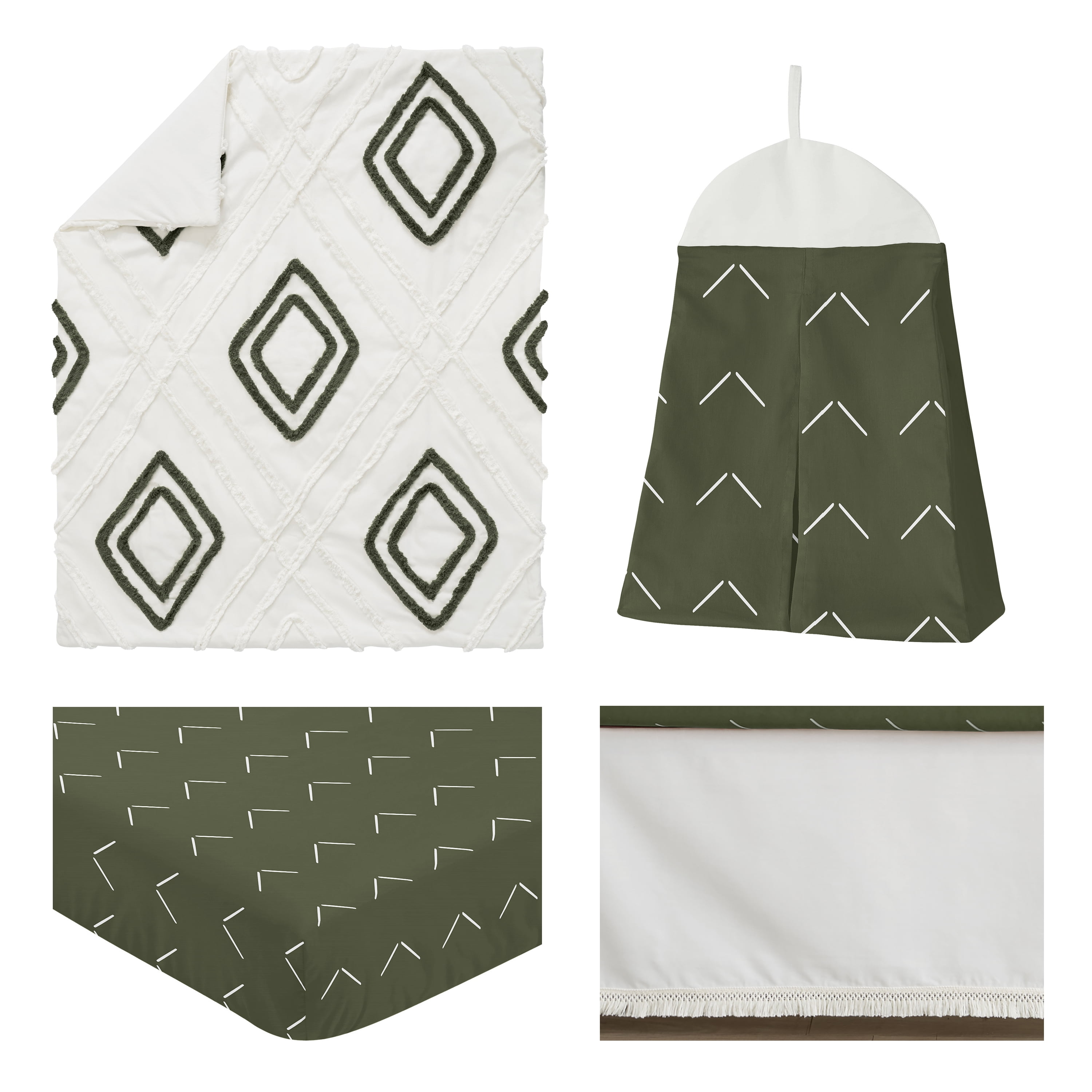 Sweet Jojo Designs Diamond Tuft Hunter Green Ivory Off White 4 Piece Crib Bedding Set