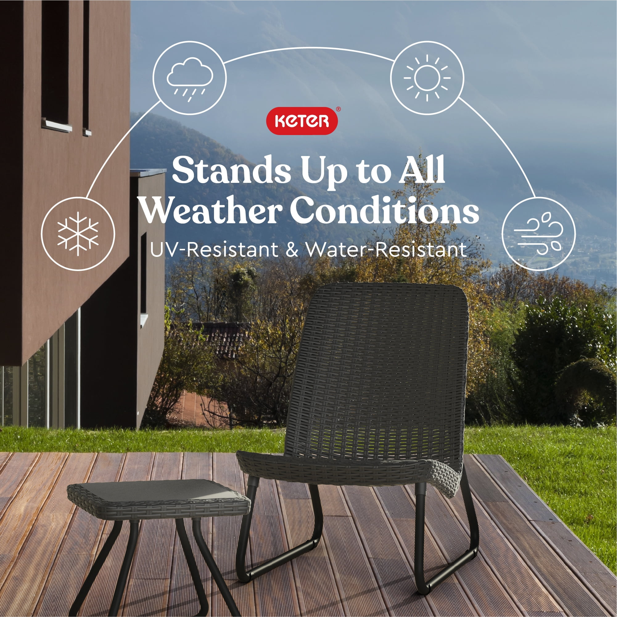 Keter Rio 3-Piece Outdoor Set, All-Weather Resin Rattan Patio Lounge Furniture, Graphite