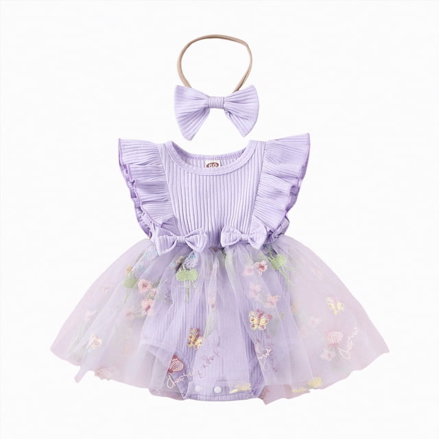 NIEWTR Robe à Col Licou Superposée à Blocs de Couleur pour Bébé Fille, Sans Manches, Fluide, Tenue d'Été (Violet, 0-3 Mois)