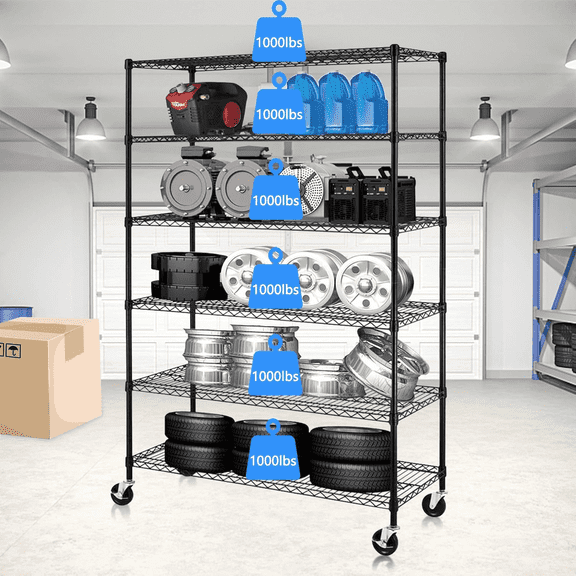 18" D x 48" W x 78" H 6-Tier Wire Shelving Unit，Adjustable Metal Storage Rack with Casters/Leveling Feet, for Kitchen Garage（Black）