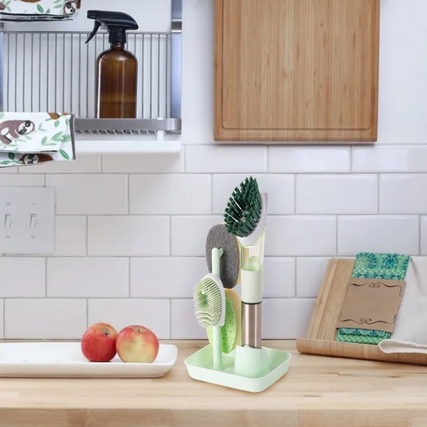 XWSHYW Aparatos de Utensilios de Cocina. La Cocina Puede Agregar Líquido para Lavar Platos, Cepillo de Mango Largo con 4 Cabezales y Base, Esponja de Pulpa de Madera Tpr, Algodón Que Daña La Olla.