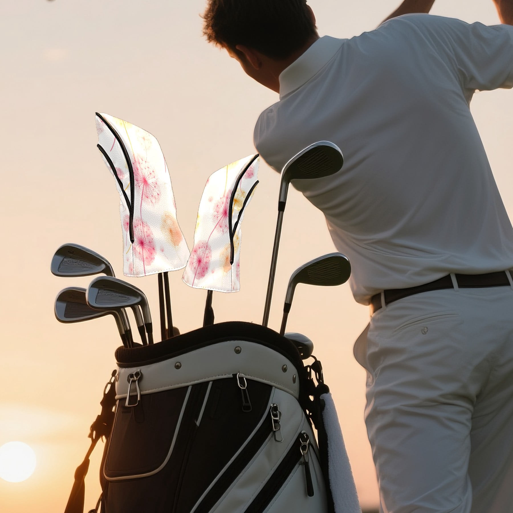 Golf Head Covers Light-colored Dandelions Design for Driver, Wood & Hybrid, Premium Waterproof PU Leather with Plush Lining, Delicate Floral Golf Gifts