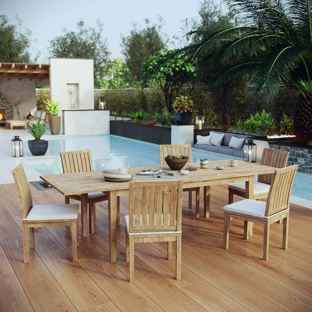 Modway Marina Ensemble de Salle à Manger d'Extérieur en Teck de 7 Pcs pour Patio en Blanc Naturel