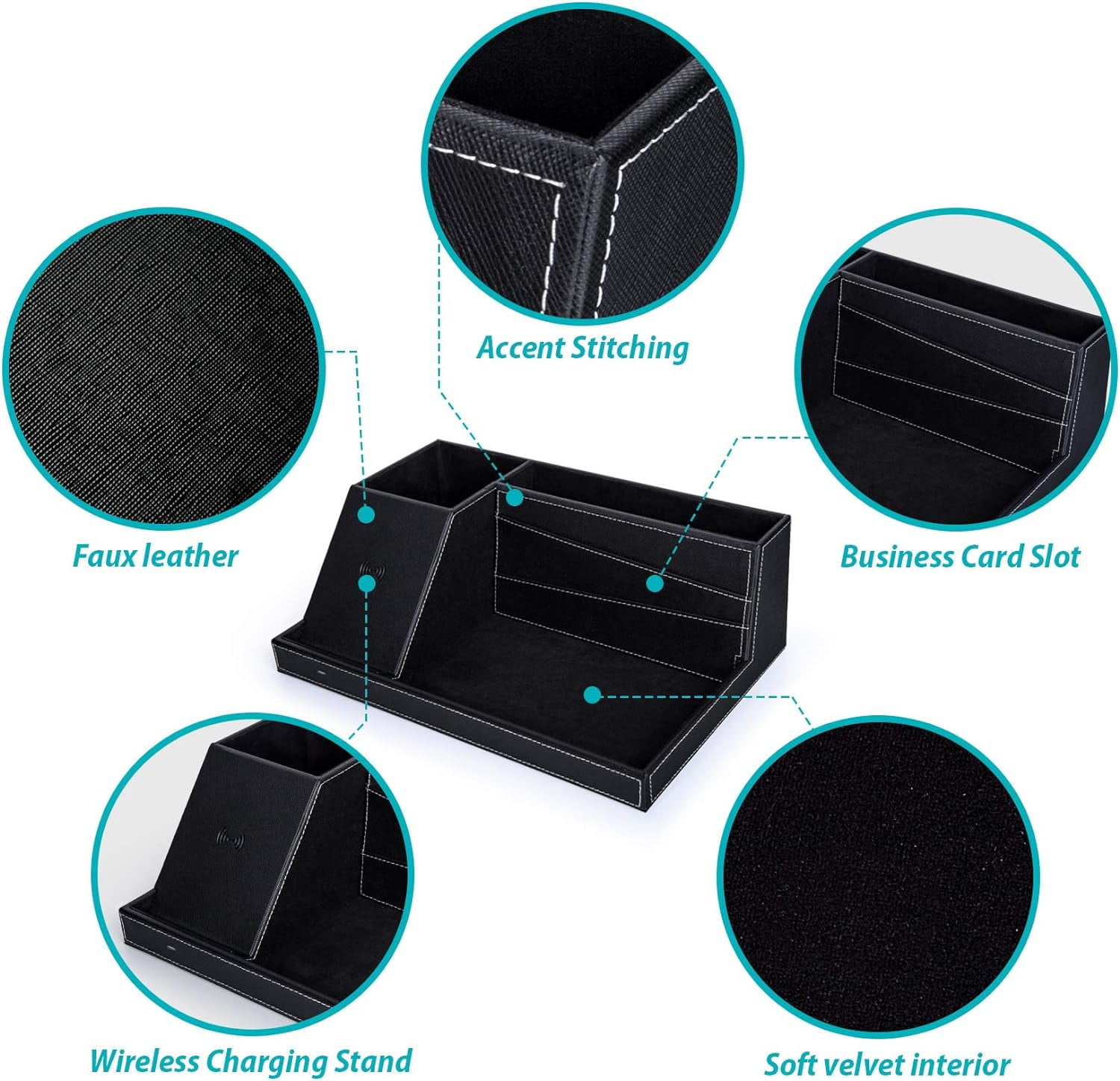 Miroddi Desk Organizer with Wireless Charging for iPhone, PU Leather Valet Catchall Tray with Pencil Holder for Desk & Nightstand Organizer Home Office, 1 Pack