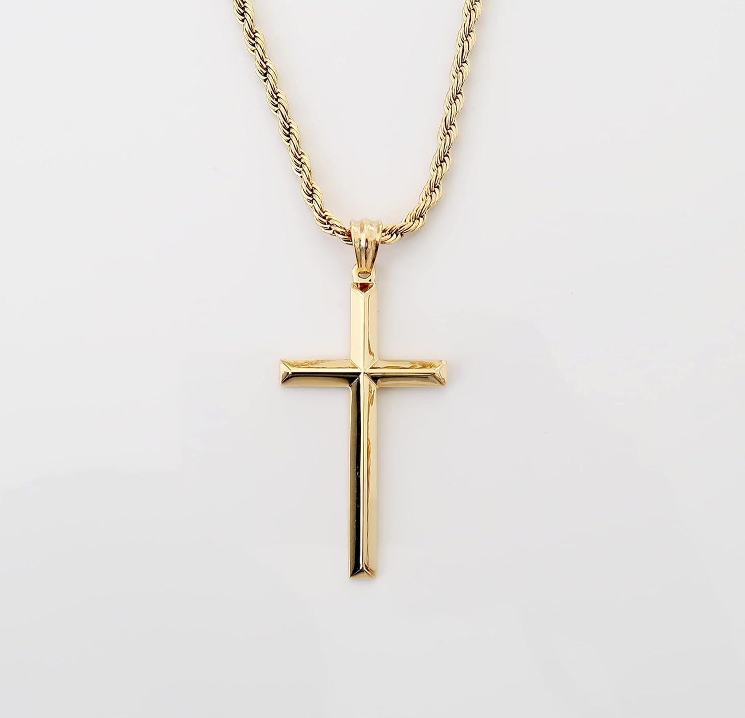 18K Beveled Edge Gold Cross Pendant Necklace for Men, Gold plated Necklace for Women. 3MM Rope Chain Fashion Jewelry Pendant