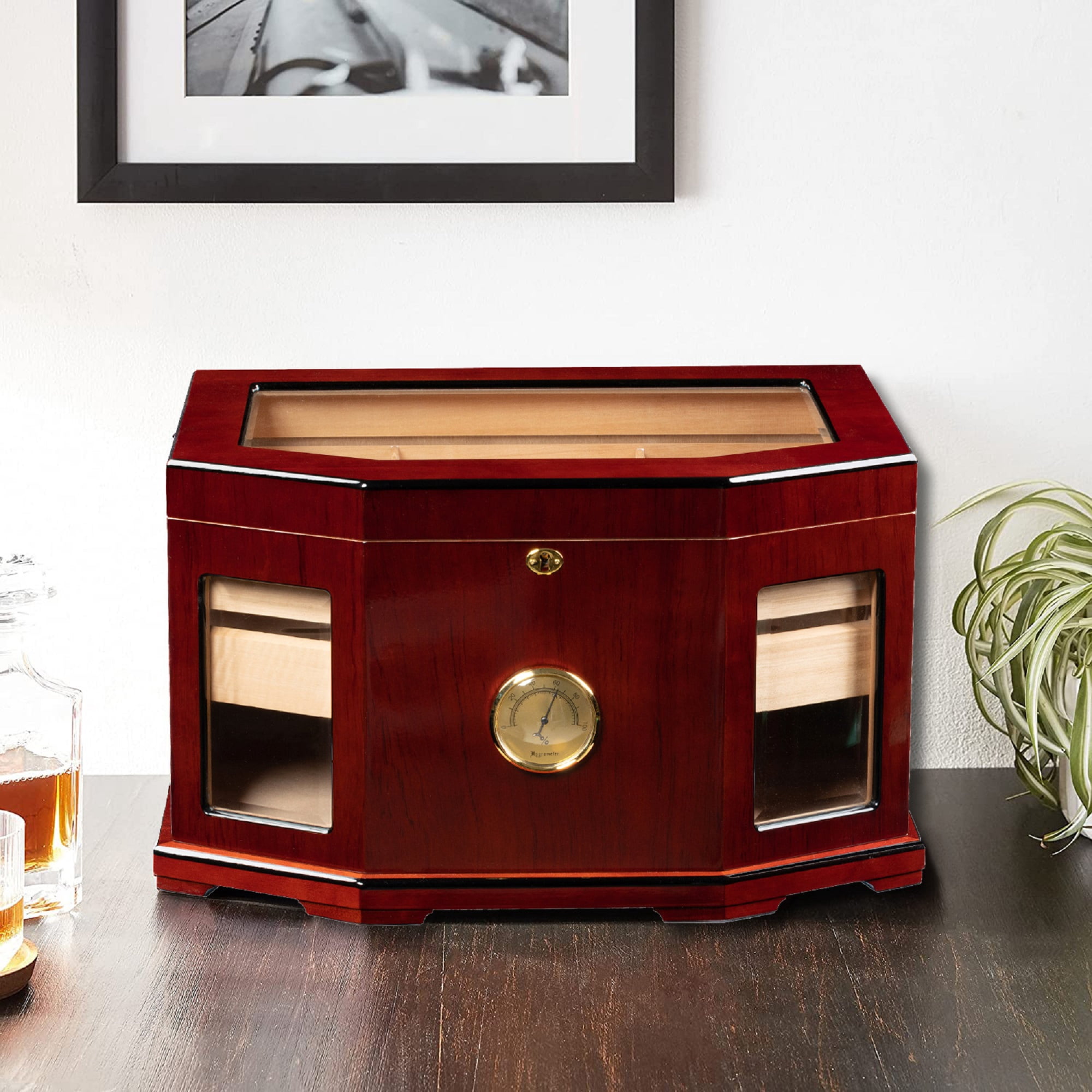 Chancellor Beveled Glass Cigar Humidor - High Gloss Mahogany Finish - Capacity: 300