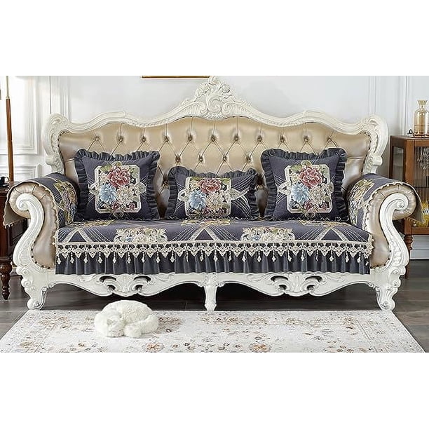 Nvzi Luxury Floral Jacquard Sofa Cover with Ruffled Super Soft Chenille Couch Cover Non-Slip All Season Sofa Slipcover for Dogs, Children, Pets Furniture Protector (Grey,36x70)