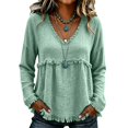 thumbnail image 5 of Women's Plus Size Long Sleeved V Neck T Shirts Causal Loose Fit Solid Tops Ladies Fall Ruffle Hem Going out Tees Green02 S, 5 of 5