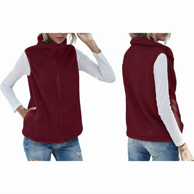 Gilet Sans Manches à Col Roulé pour Femmes, Chaud, en Peluche, avec Fermeture Éclair, Automne Hiver, avec Poches, Rouge 4TG