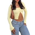 thumbnail image 3 of Cárdigan Corto de Punto Acanalado con Botones y Larga para Mujer, Estilo Y2K, Ajustado, con Cuello Redondo, Camiseta de Otoño Amarillo M, 3 of 10