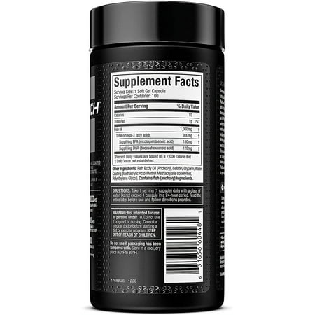 MuscleTech Omega 3 Fish Oil Supplement, Delivers 350mg Omega 3 Fatty Acids, 180mg EPA & 120mg DHA, No Aftertaste, 100 Servings (100 Pills)