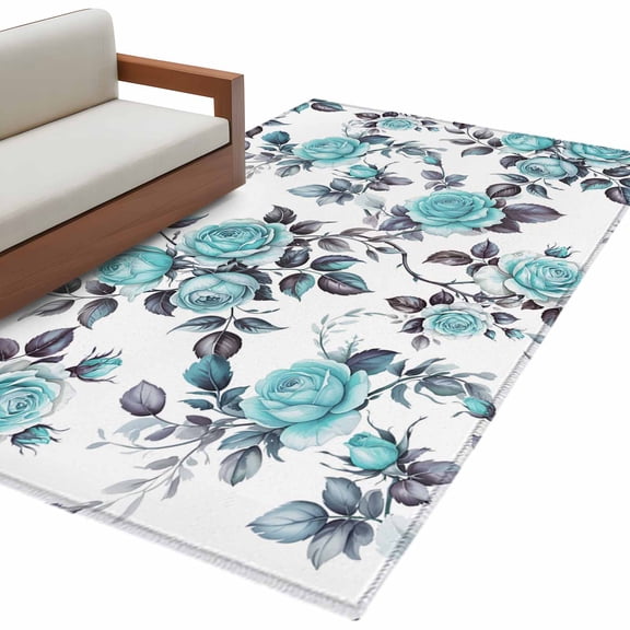 Hallway Runner Rugs 2.7x5 Ft, Aqua Rose Non Slip Area Rugs for Kitchen Bedroom Entryway, Rustic Romantic Botanical Floral Vines Art Washable Carpet Runner Rug Floor Mats for Bedroom Home Decor