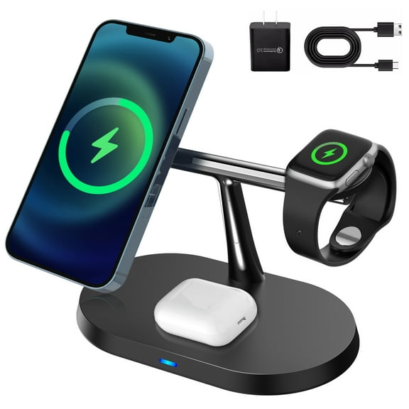 Audessy 3 in 1 Magnetic Wireless Charger Station for Smart Watch Air Pods iPhone 16-12 Series, with MagSafe and All Qi-Enabled Devices, Black