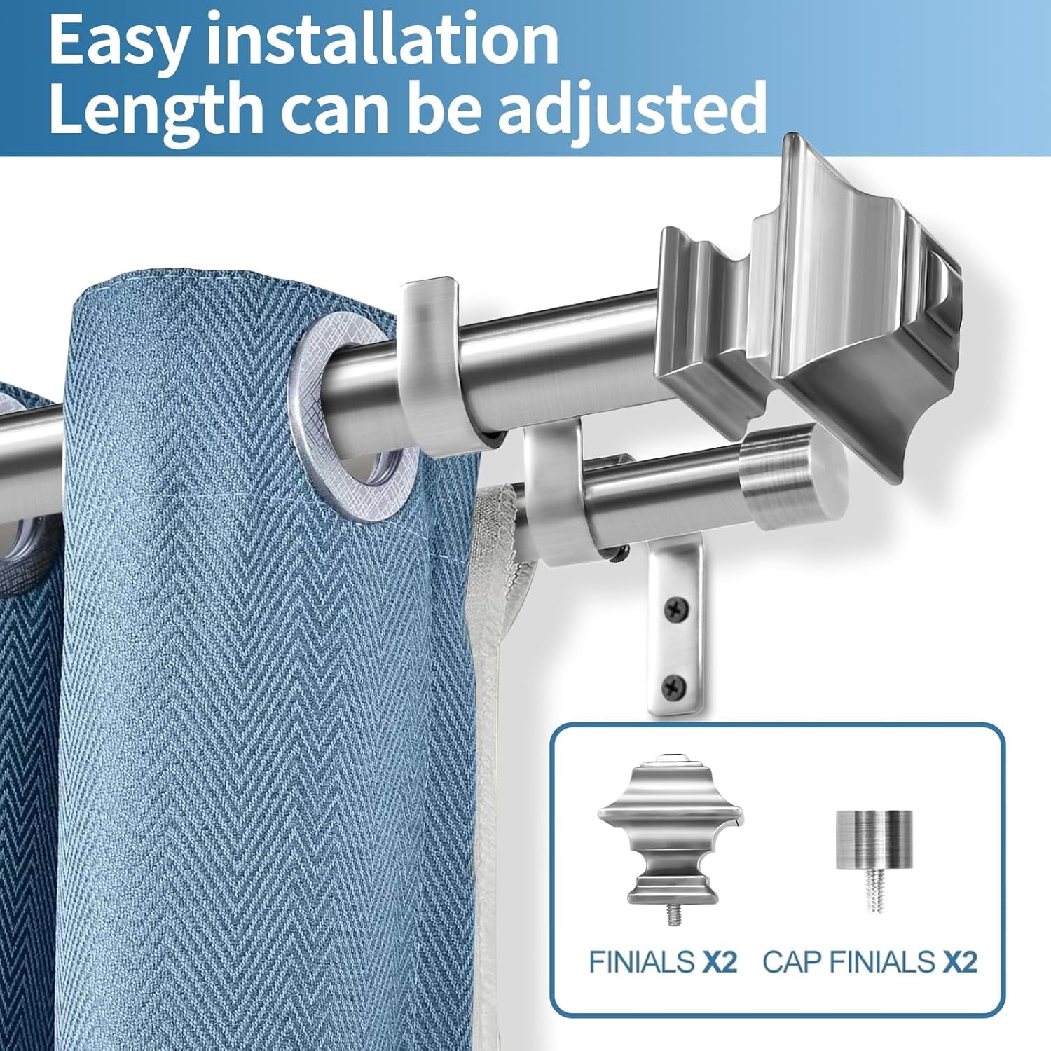 Urbanest Adjustable Double Curtain Rod Set Pila Manhattan Finials – 1″ Front & 3/4″ Back Rod With Brushed Steel Rod, 84–120 Inches